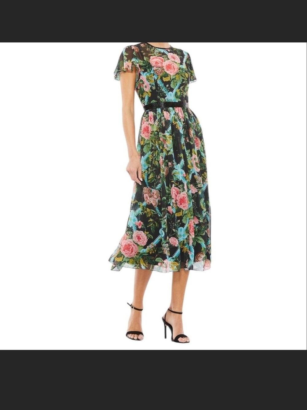 Mac Duggal Black Midi Dress with Pink Rose & Teal Floral Print